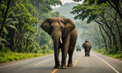 wild elephants adorn road